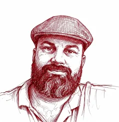 Red-toned sketch of a bearded man wearing a flat cap, facing the camera with a slight smile.